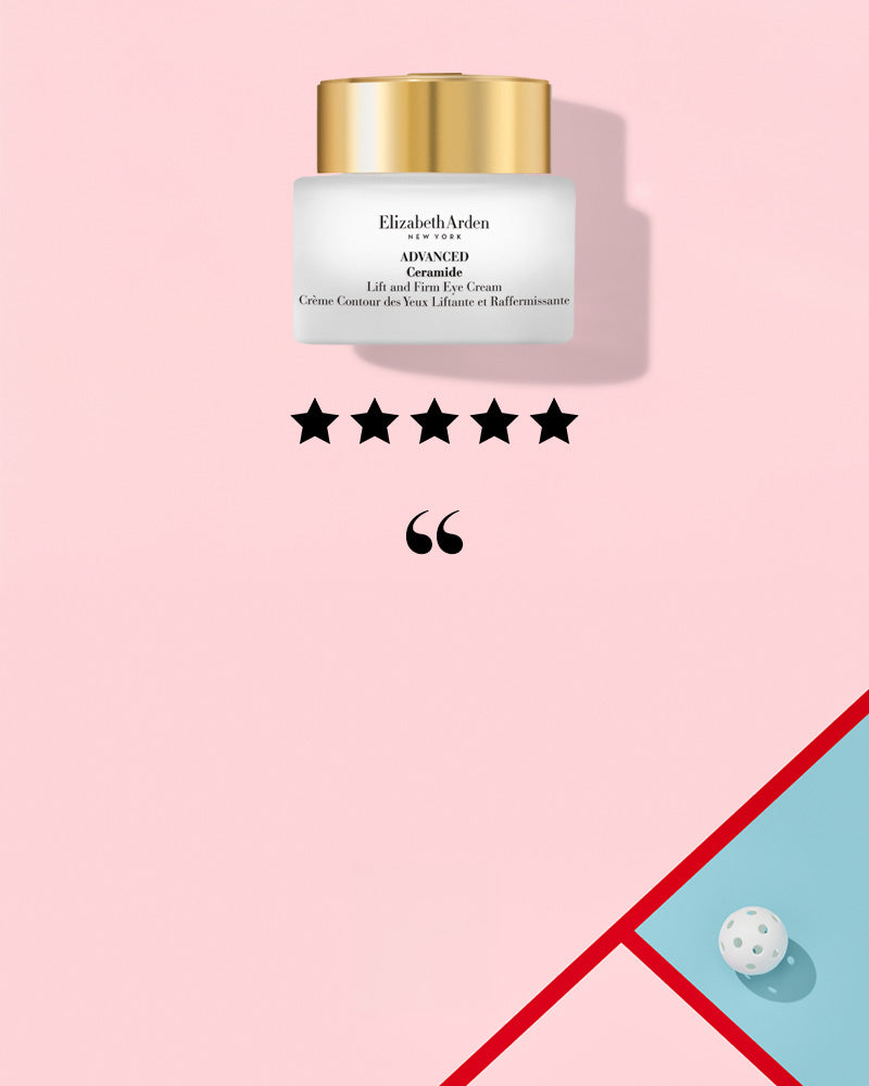 Elizabeth Arden eye cream jar with five stars and a quote on a pink background