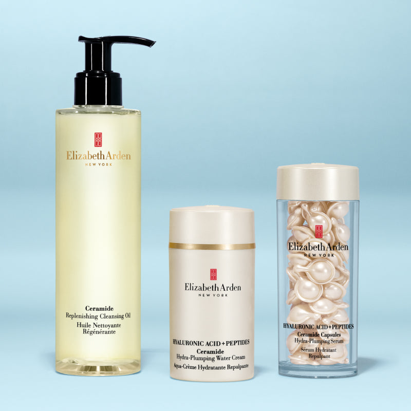 Three Elizabeth Arden skincare products on a light blue background