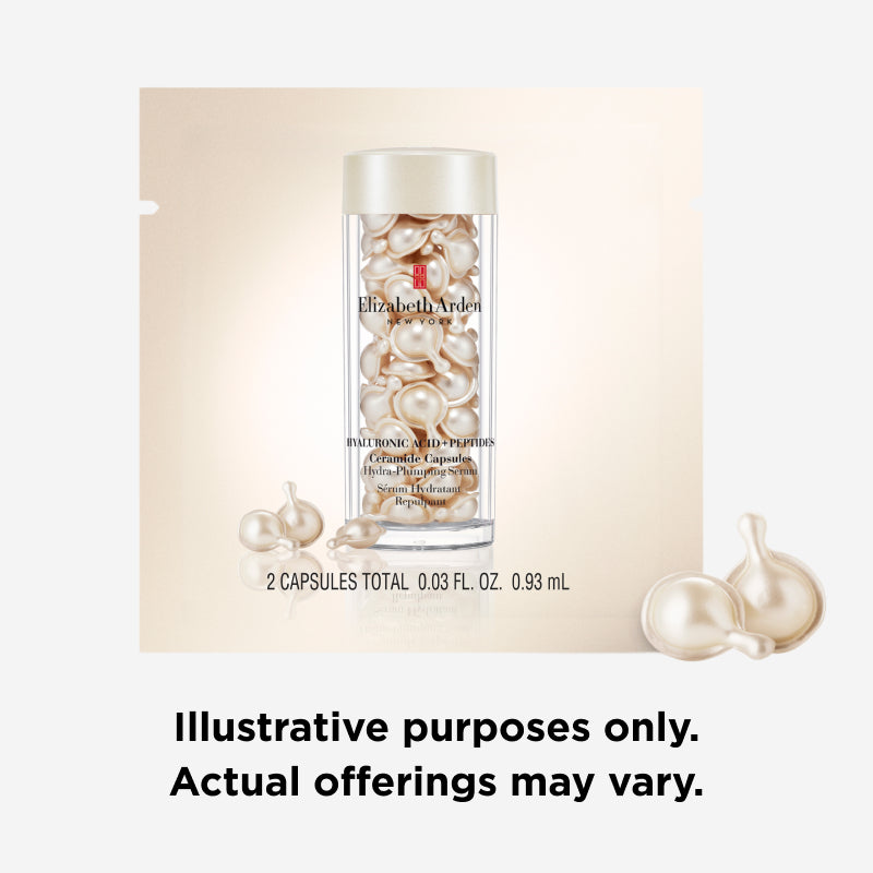 Cosmetic capsules with a beige background and 'Elizabeth Arden' branding. Copy says "Illustrative purposes only. Actual offerings may vary."