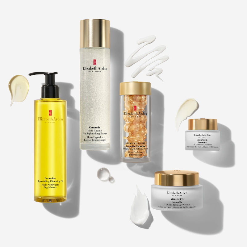 Collection of Elizabeth Arden skincare products on a white background