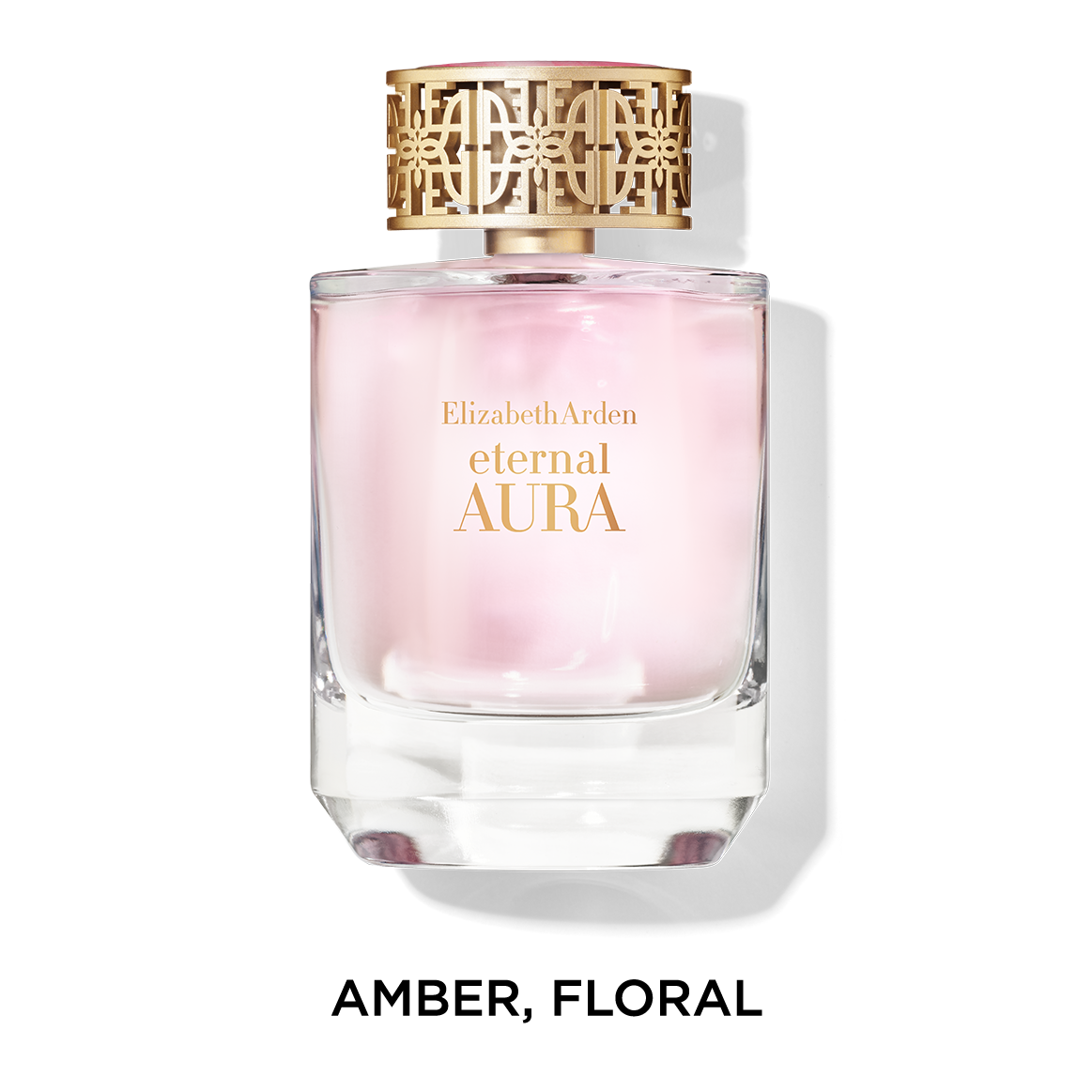 Elizabeth Arden Eternal Aura perfume with text AMBER, FLORAL