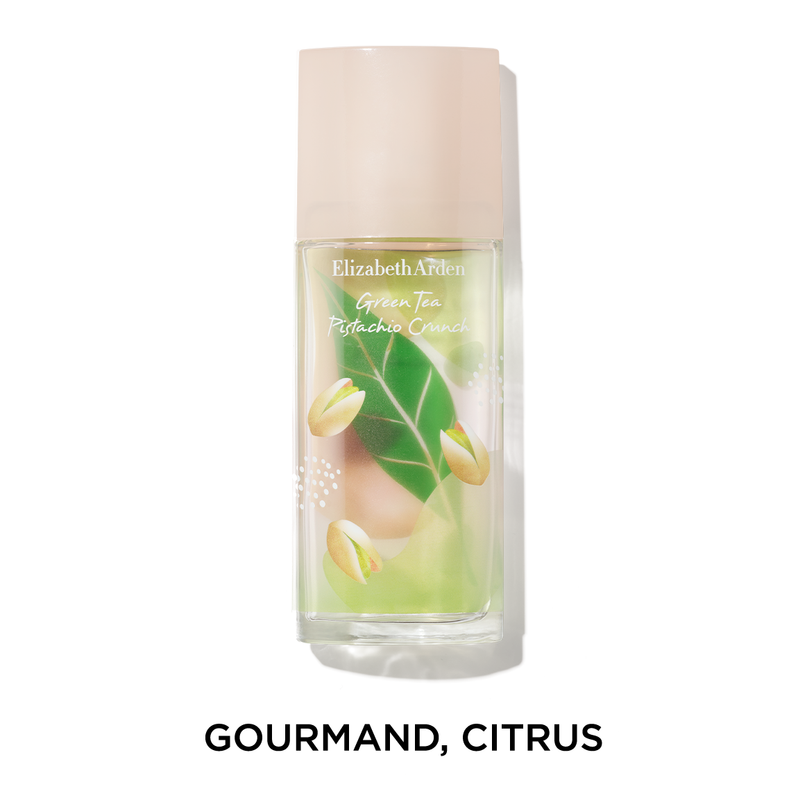 Elizabeth Arden Green Tea Pistachio perfume bottle with green leaf design with text GOURMAND, CITRUS