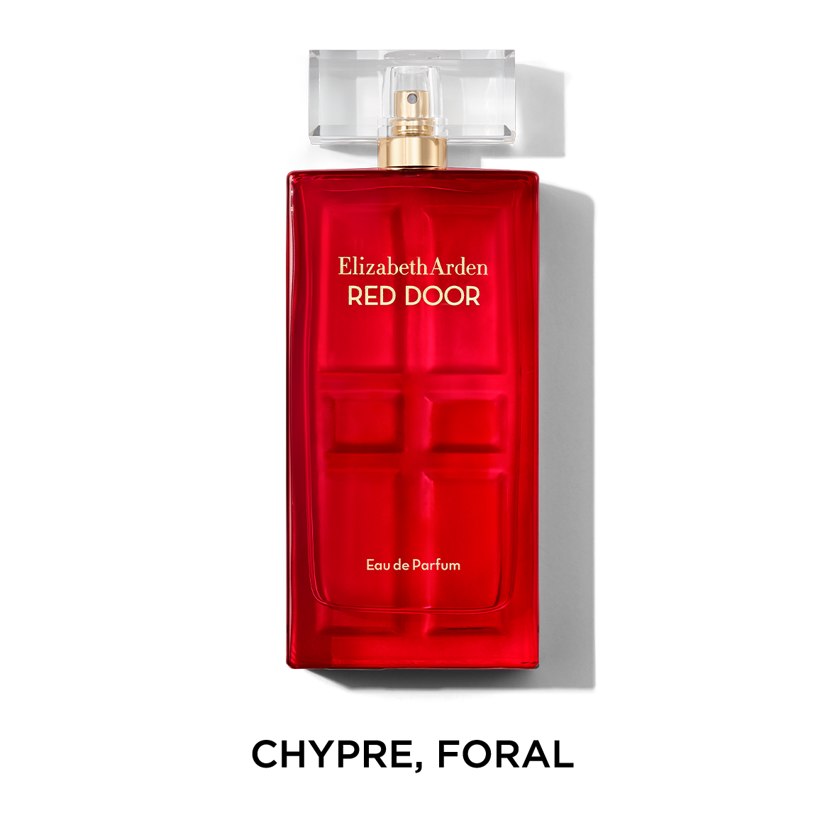 Elizabeth Arden Red Door perfume bottle with text CHYPRE,  FLORAL