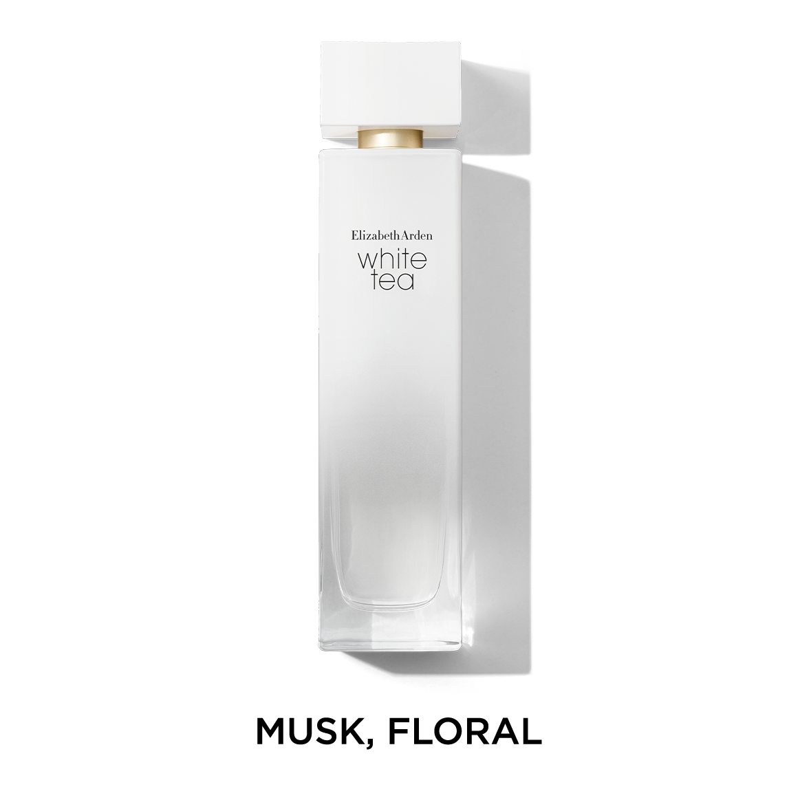 Elizabeth Arden White Tea perfume bottle with text MUSK, FLORAL