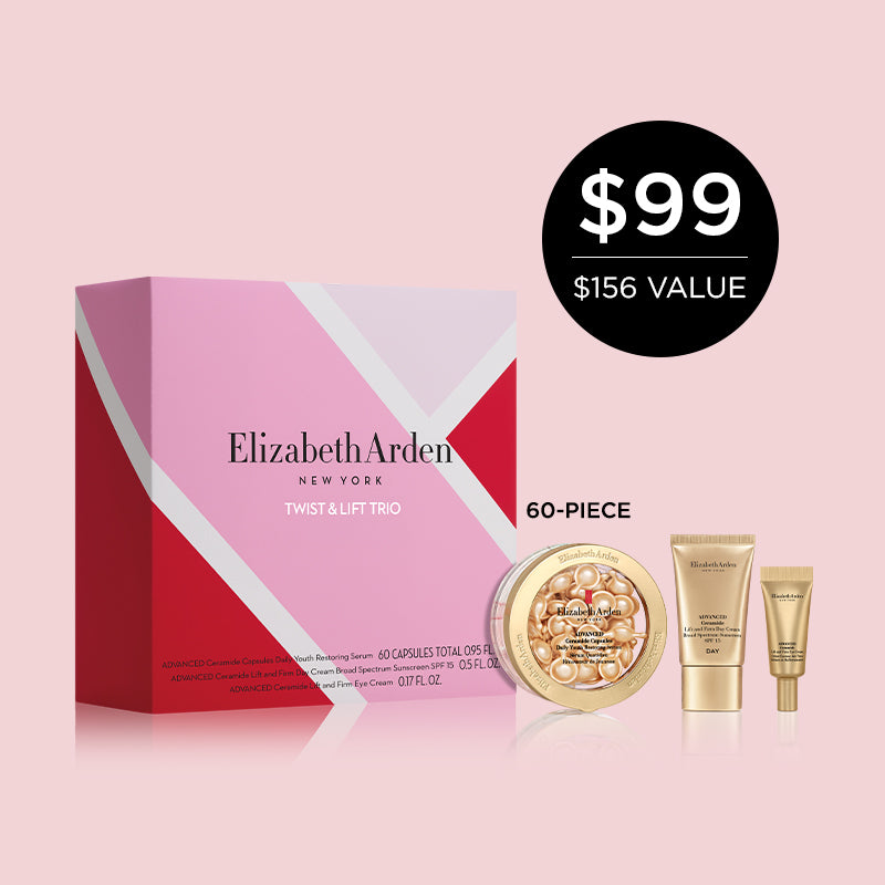 Elizabeth Arden beauty product set with a pink box on a light pink background. Callout for a 60-piece capsules with a callout for $99 price, compared to the $156 value. 