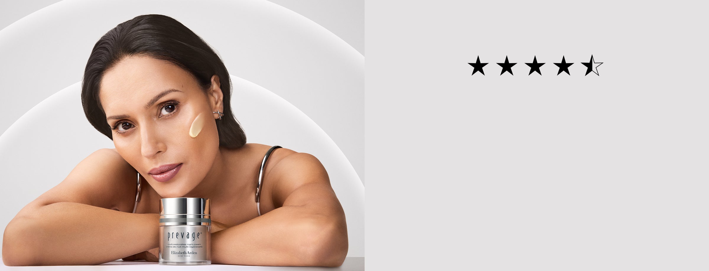 Woman with Prevage Sculpting Cream and 4.5-star rating on a silver background