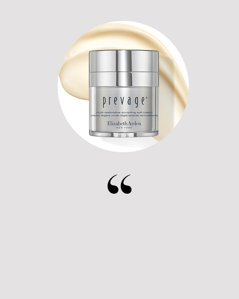 Prevage Sculpting Soft Cream with texture swipe and quotation mark on a silver background