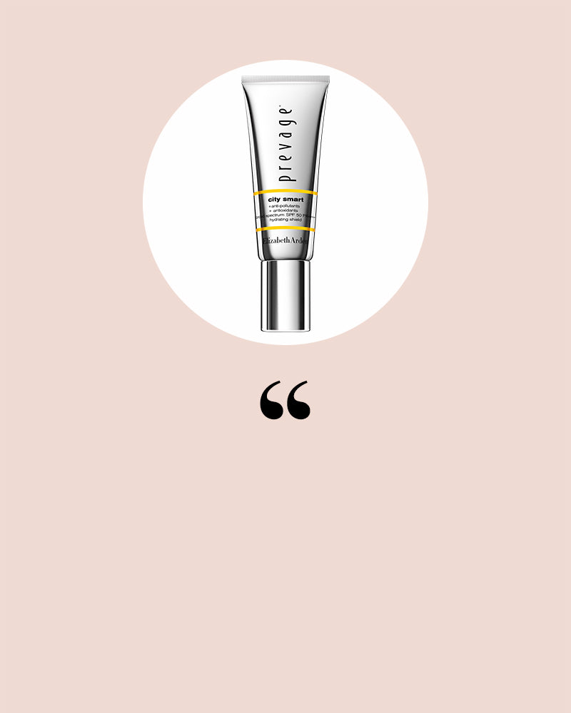 Elizabeth Arden Prevage City Smart SPF 50 on a beige background with quotation mark to signal that the copy is a quote.
