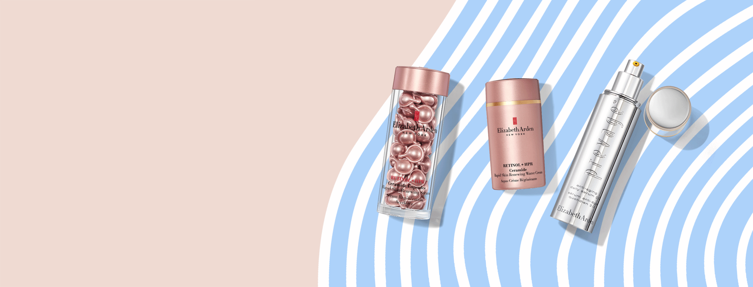 3 Elizabeth Arden products on a beige background with blue and white lines animating to represent waves