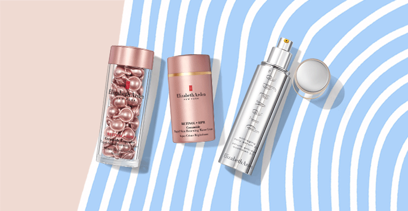 3 Elizabeth Arden products on a beige background with blue and white lines animating to represent waves