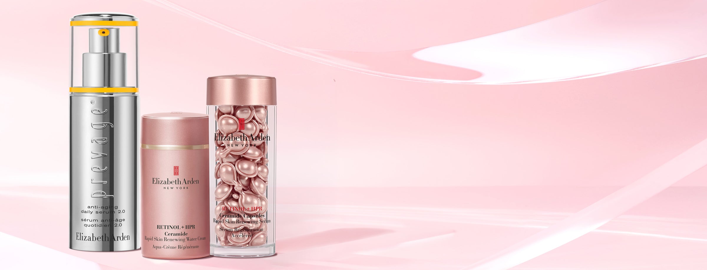 Three Elizabeth Arden skincare products for lines, wrinkles, anti-aging on a pink background.