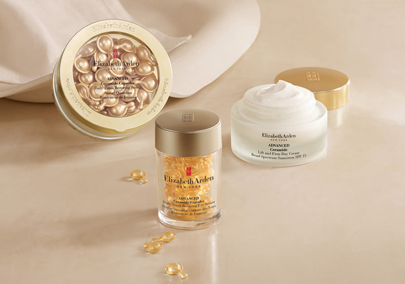 Products from the Advanced Ceramide Collection on a beige background