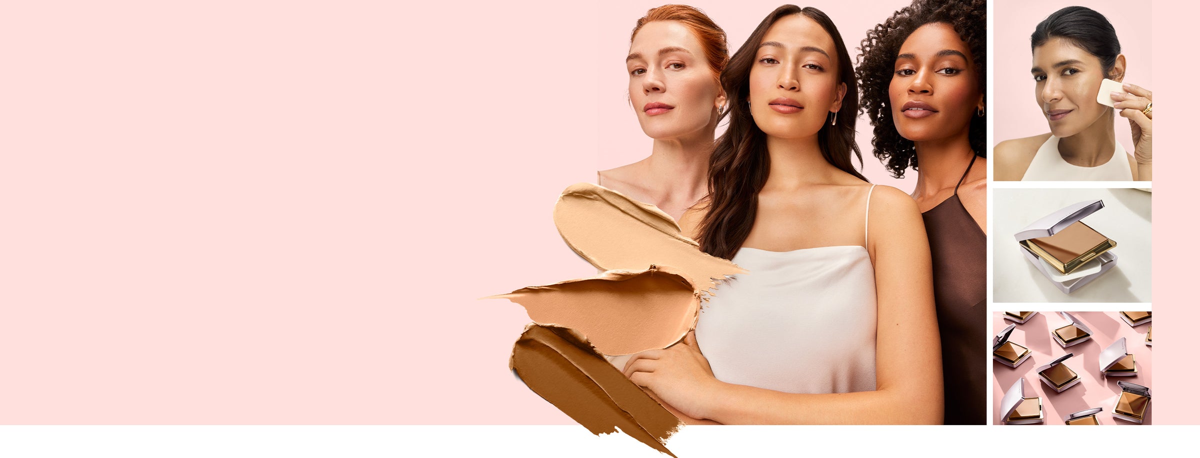 4 models with one applying a makeup product with additional images of the product on a pink background