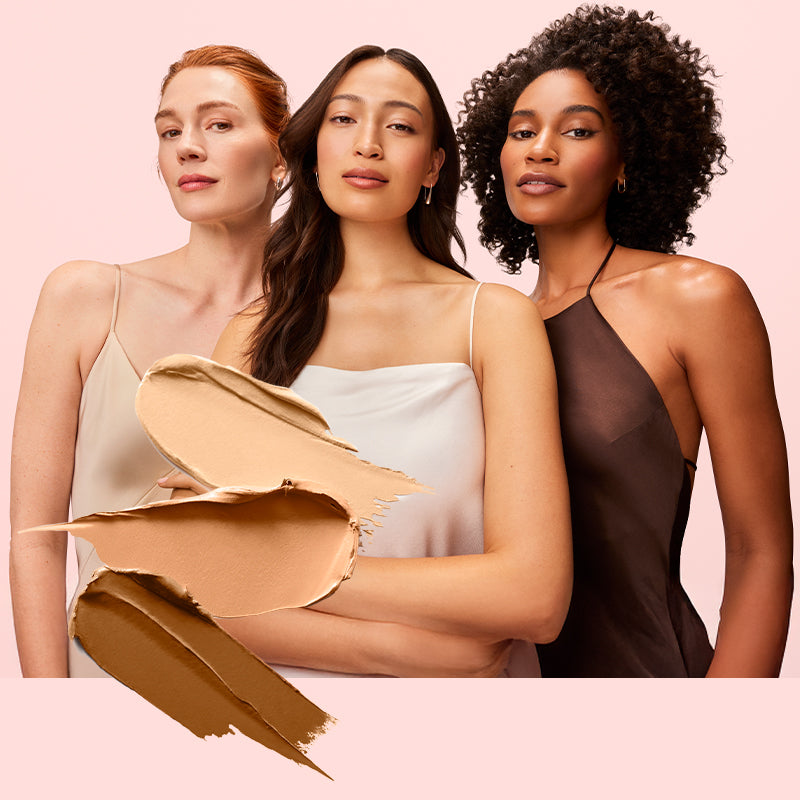 3 models with texture swipe of Elizabeth Arden Sponge On Makeup on a pink background