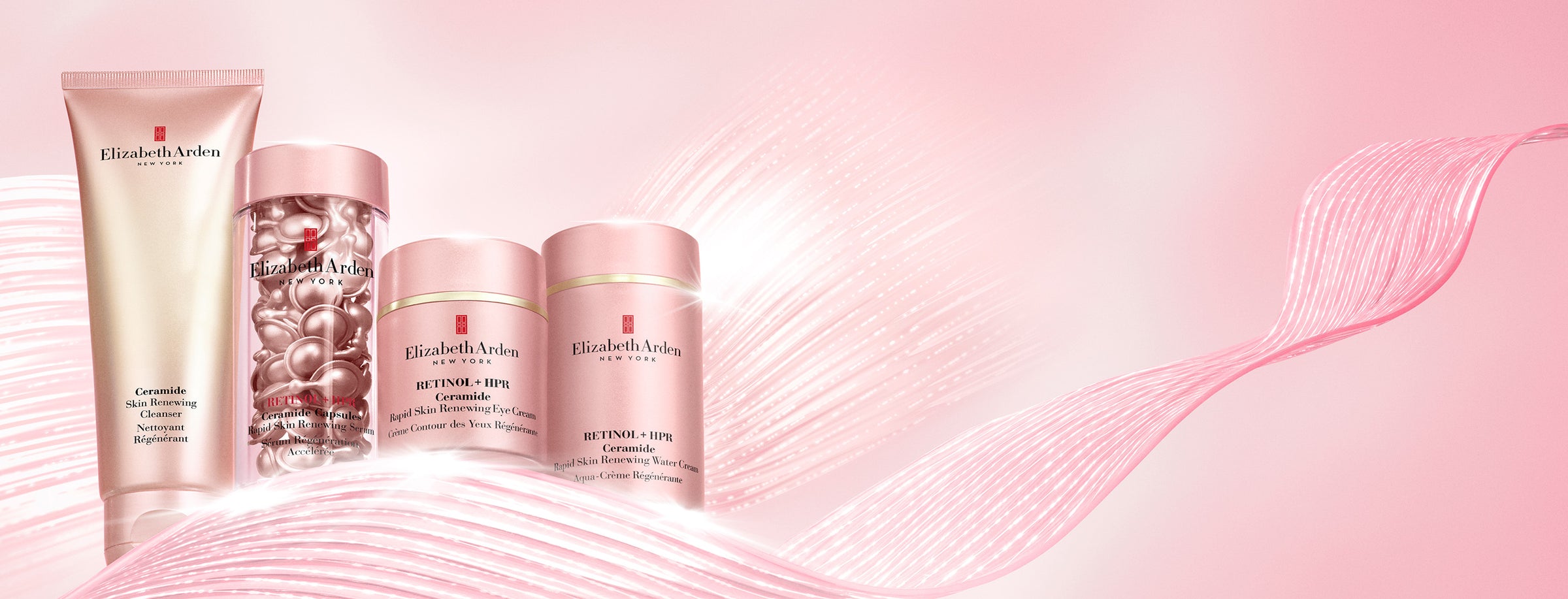 Elizabeth Arden skincare products on a pink background