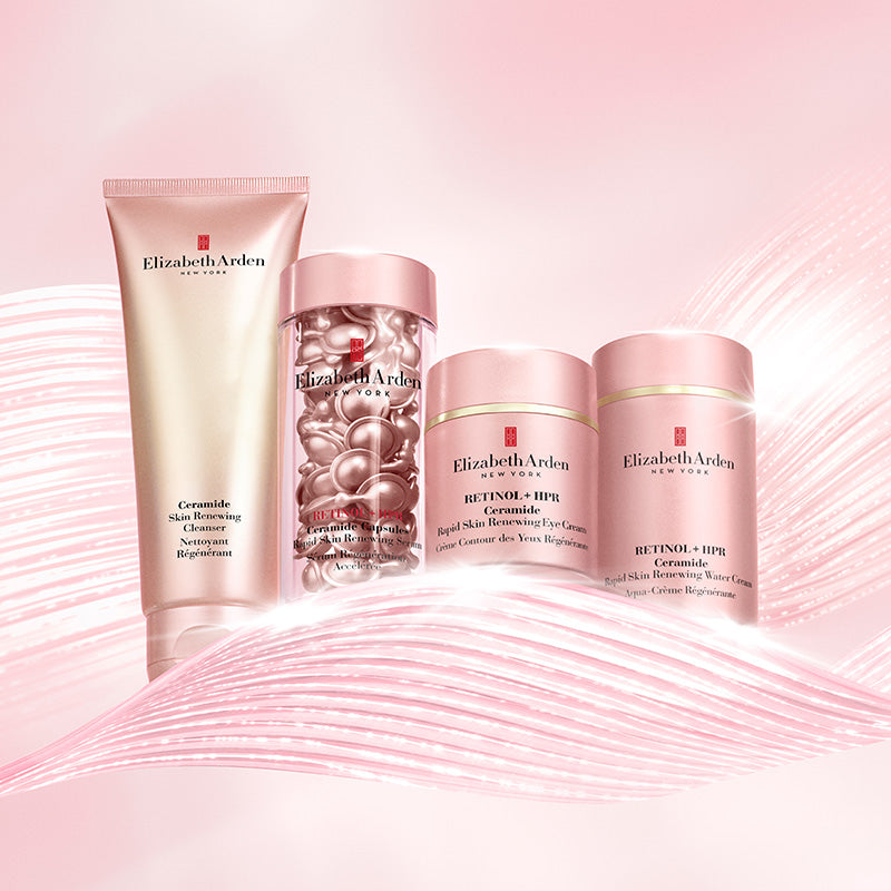 Elizabeth Arden skincare products on a pink background