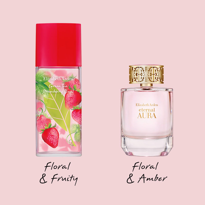 Elizabeth Arden Green Tea Strawberry Basil eau de toilette with text "Floral and Fruity" and Eternal Aura eau de toilette with text "Floral and Amber" on a pink background