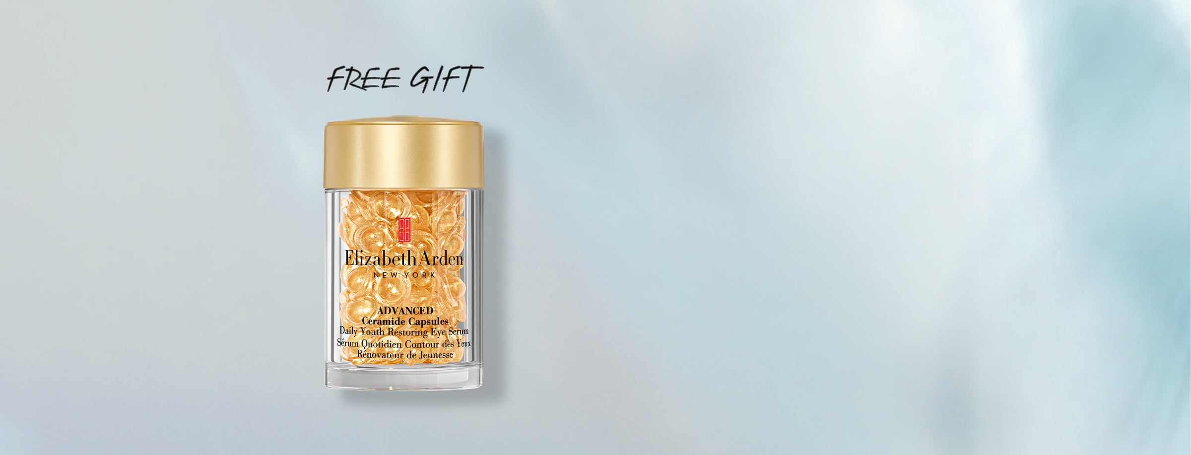 Elizabeth Arden Advanced Ceramide Capsules Eye Serum 60-pc on a blue background with text "FREE GIFT"