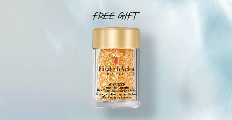 Elizabeth Arden Advanced Ceramide Capsules Eye Serum 60-pc on a blue background with text "FREE GIFT"