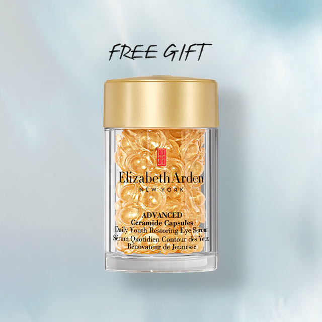 Elizabeth Arden Advanced Ceramide Capsules Eye Serum 60-pc on a blue background with text "FREE GIFT"