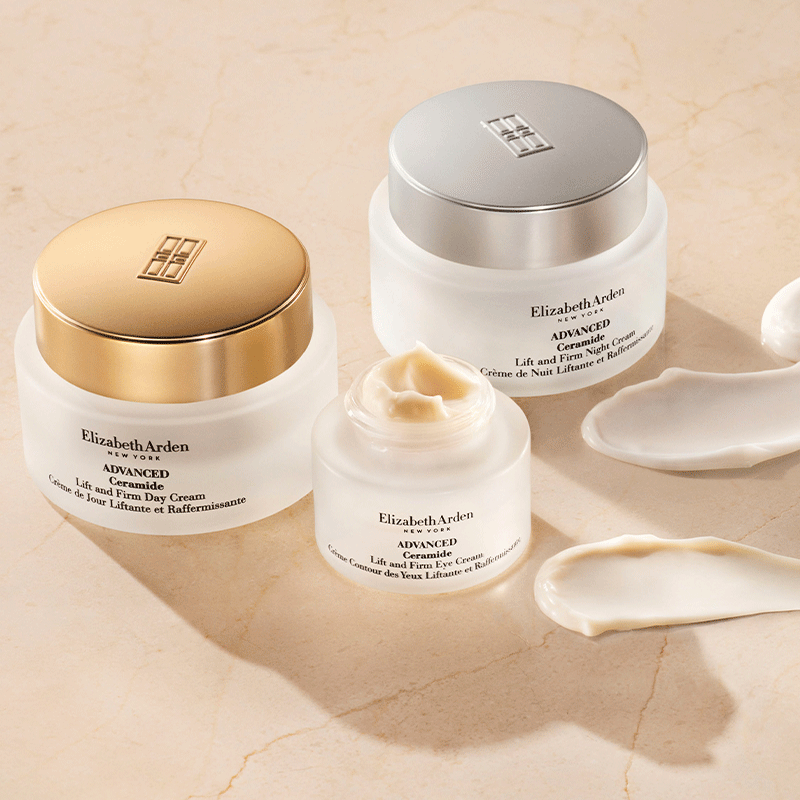 Elizabeth Arden skincare products on a beige background