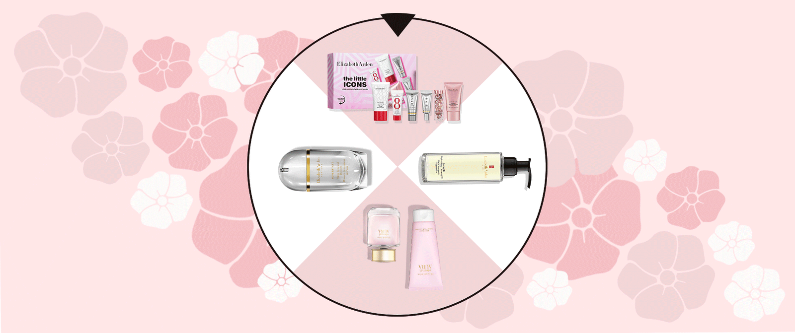 Animation of a pink and white spinning wheel, showing 4 beauty gifts sitting on a pink floral background.