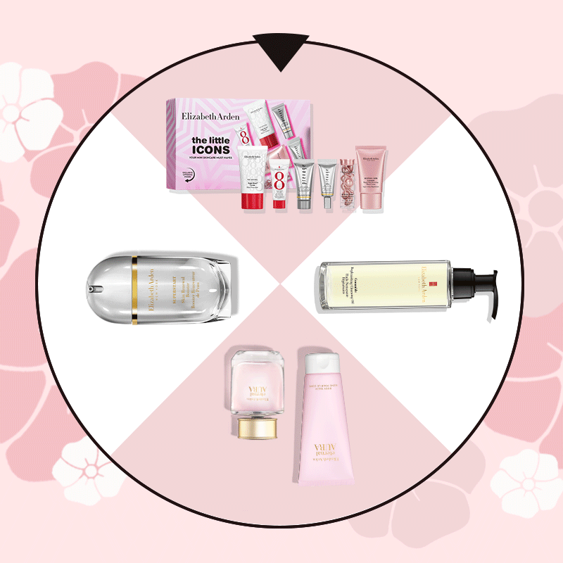 Animation of a pink and white spinning wheel, showing 4 beauty gifts sitting on a pink floral background.