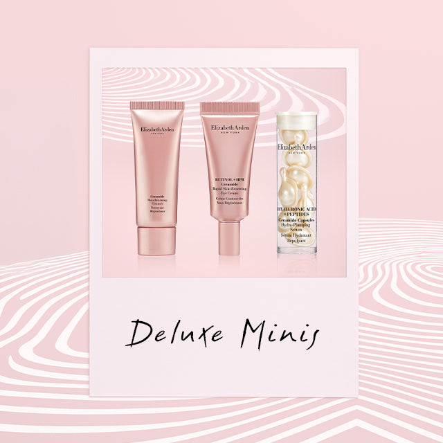 Three  Elizabeth Arden Deluxe Minis Gifts in a polaroid frame on a muted pink background with white squiggly lines and text "Deluxe Minis"