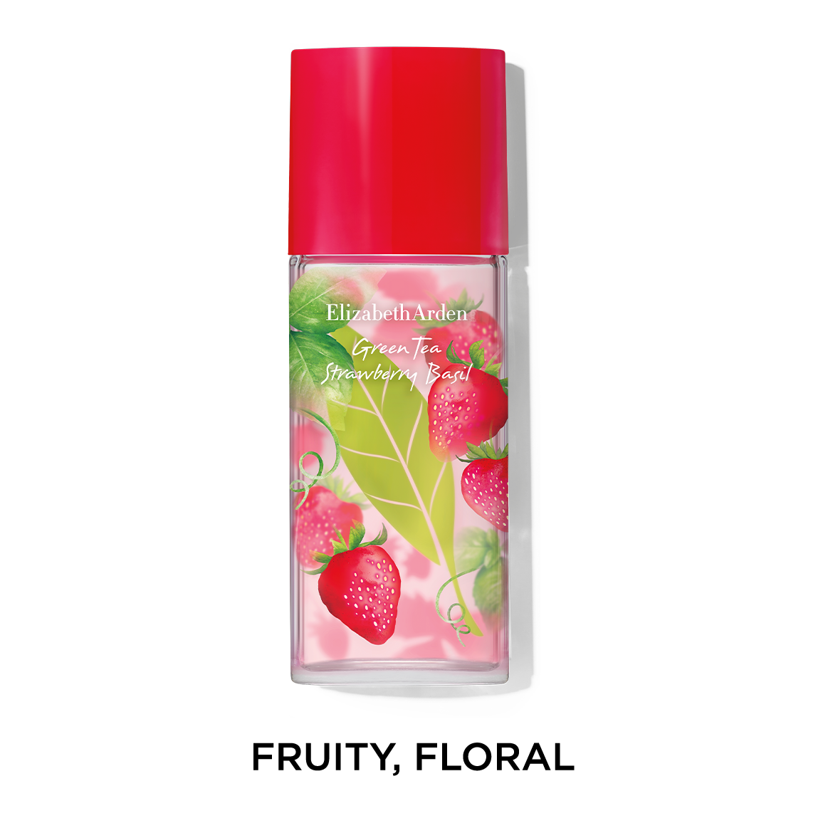 Elizabeth Arden Green Tea Strawberry Basil Spray with text "FRUITY, FLORAL"
