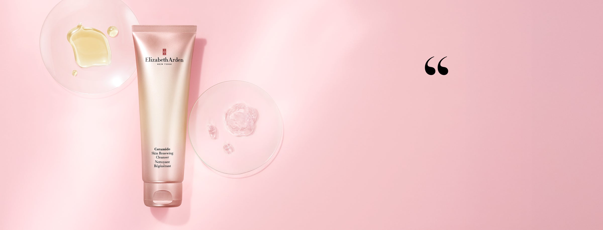 Elizabeth Arden Ceramide Cleanser on a pink background with ingredients and a quotation mark to signal that copy is a quote.