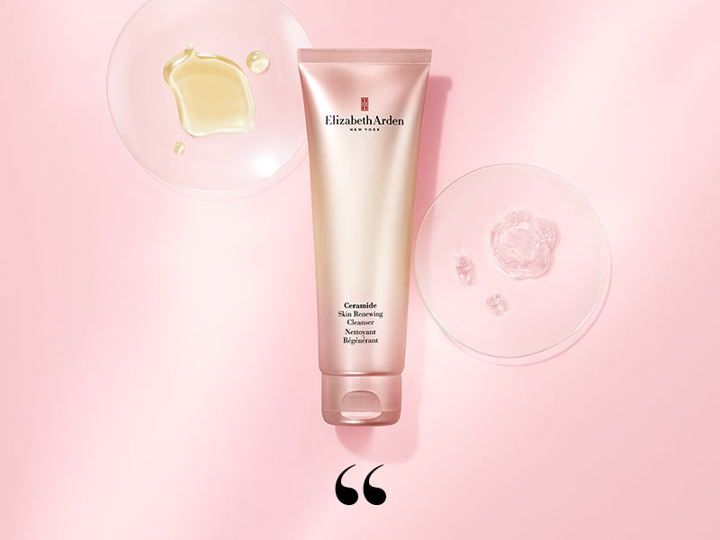 Elizabeth Arden Ceramide Cleanser on a pink background with ingredients and a quotation mark to signal that copy is a quote.