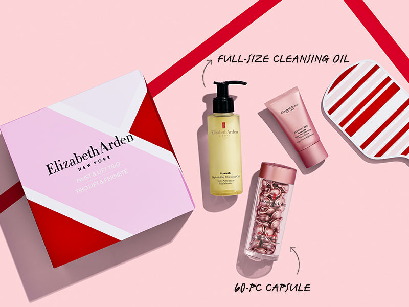 Elizabeth Arden 3-piece gift set along with gift box on pink background with red lines and paddle. Two callouts to highlight product sizes, "FULL-SIZE CLEANSING OIL" and "60-PC CAPSULE"