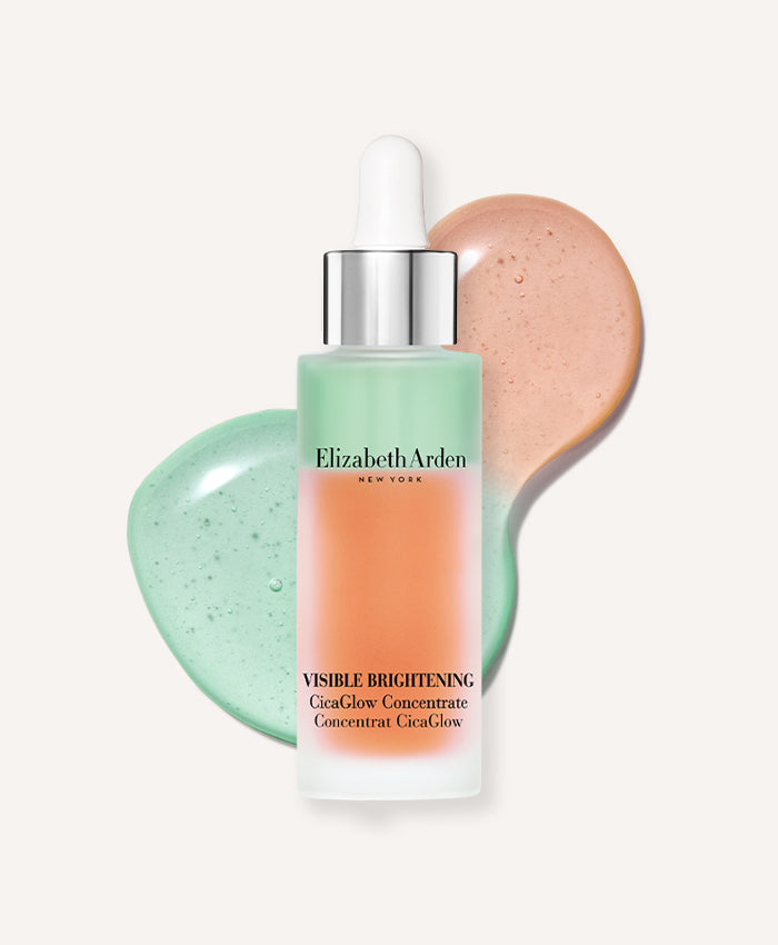 Elizabeth Arden Visible Brightening Cicaglow Concentrate with texture spill showing orange and green product color on a beige background