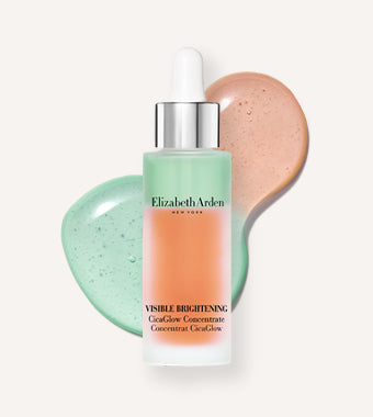 Elizabeth Arden Visible Brightening Cicaglow Concentrate with texture spill showing orange and green product color on a beige background