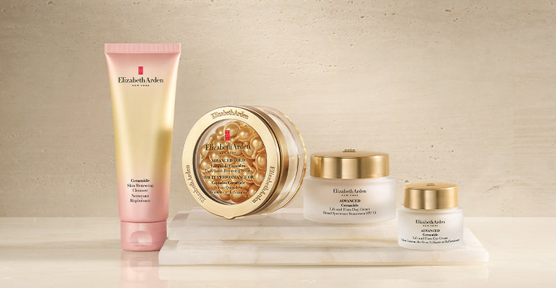 Elizabeth Arden Ceramide Collection featuring a cleanser, capsules, moisturizer and eye cream on a beige textured background.