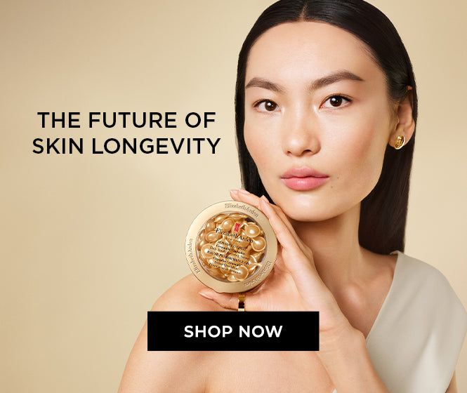 A woman holds a round gold compact containing Advanced Gold Ceramide Capsules Serum against a warm beige background, with text reading 'THE FUTURE OF SKIN LONGEVITY' and a 'SHOP NOW' button.