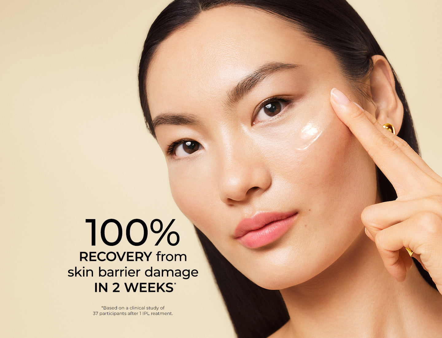 Close-up of a woman with a clear skincare cream on her cheek, touching her face, against a warm beige background with text reading '100% RECOVERY from skin barrier damage IN 2 WEEKS'.