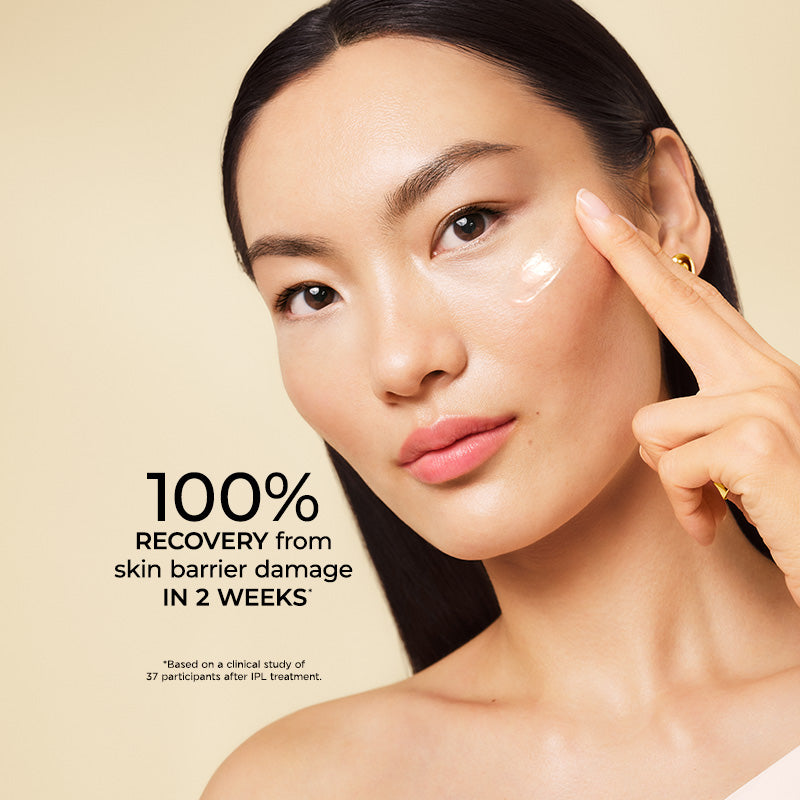 Close-up of a woman with a clear skincare cream on her cheek, touching her face, against a warm beige background with text reading '100% RECOVERY from skin barrier damage IN 2 WEEKS'.
