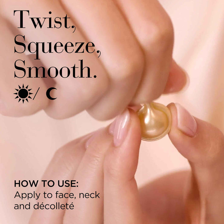 Twist, Squeeze, Smooth for day and night. Apply to face, neck and decollete.