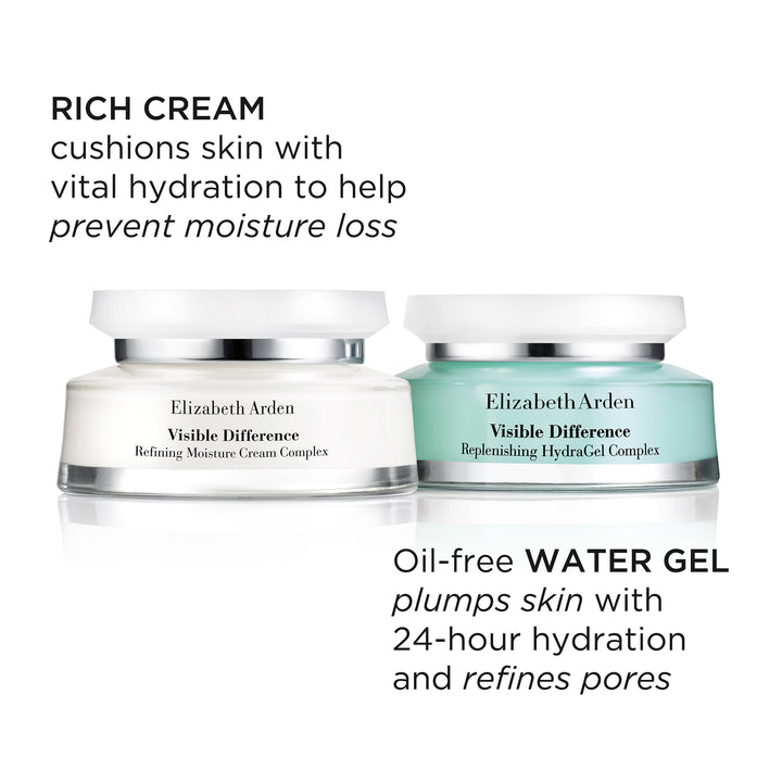 Rich Cream cushions skin with vital hydration to help prevent moisture loss. Oil-free water gel plumps skin with 23-hour hydration and refines pores