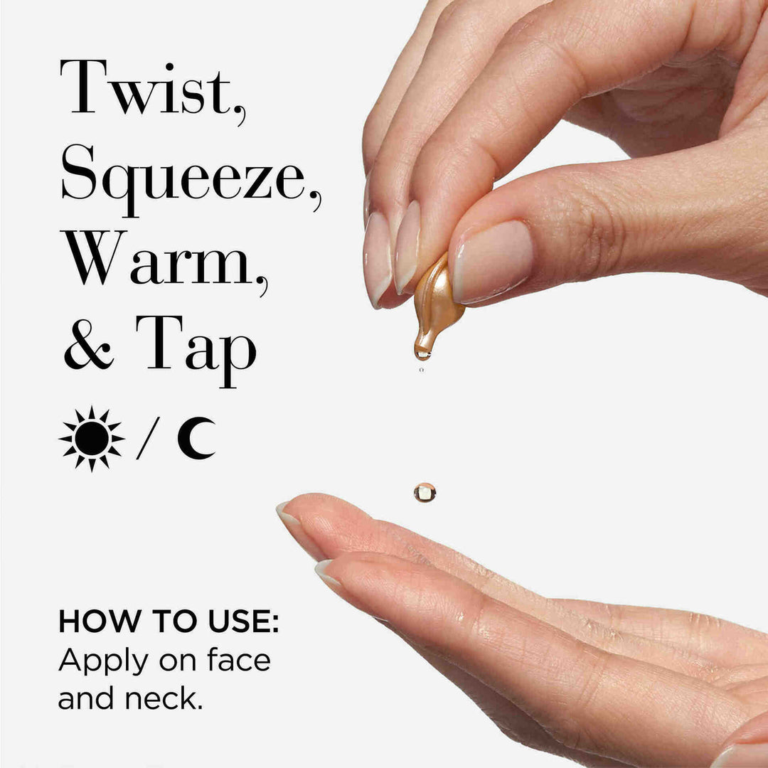 Twist, Squeeze, Warm and Tap Day and Night. Apply on face and neck