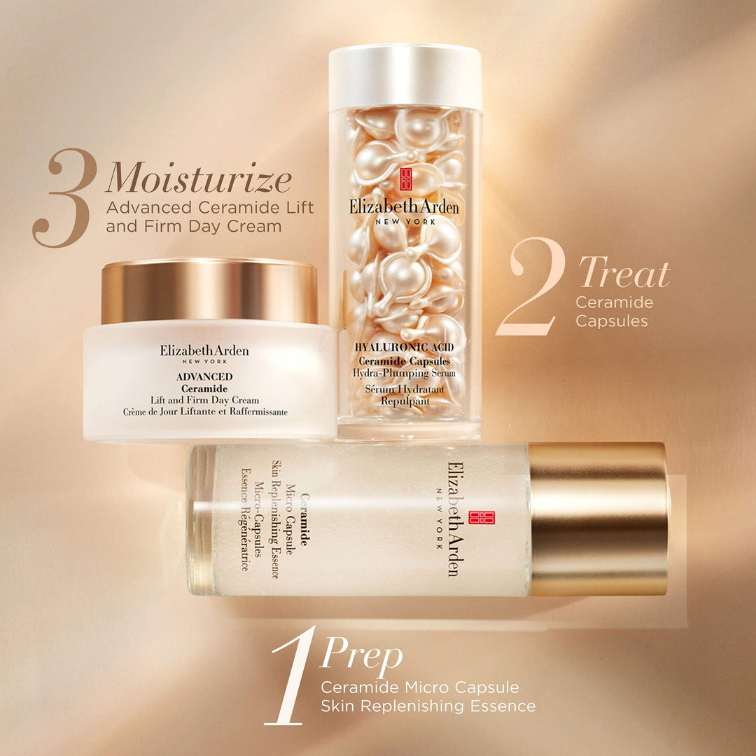 1 Prep with Ceramide Micro Capsule Skin Replenishing Essence, 2 Treat with your choice of Ceramide Capsules and 3 Moisturize with Advanced Ceramide Lift and Firm Day Cream