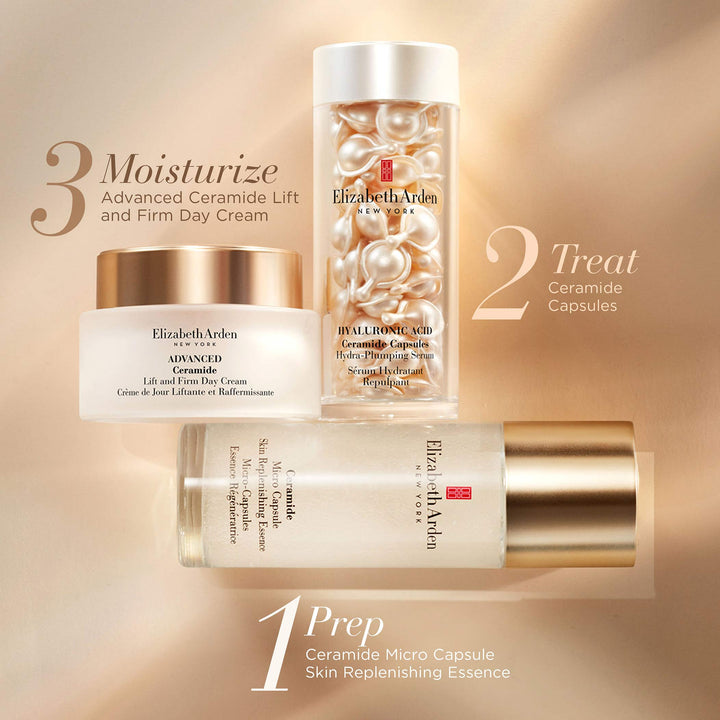 1 Prep with Ceramide Micro Capsule Skin Replenishing Essence, 2 Treat with your choice of Ceramide Capsules and 3 Moisturize with Advanced Ceramide Lift and Firm Day Cream