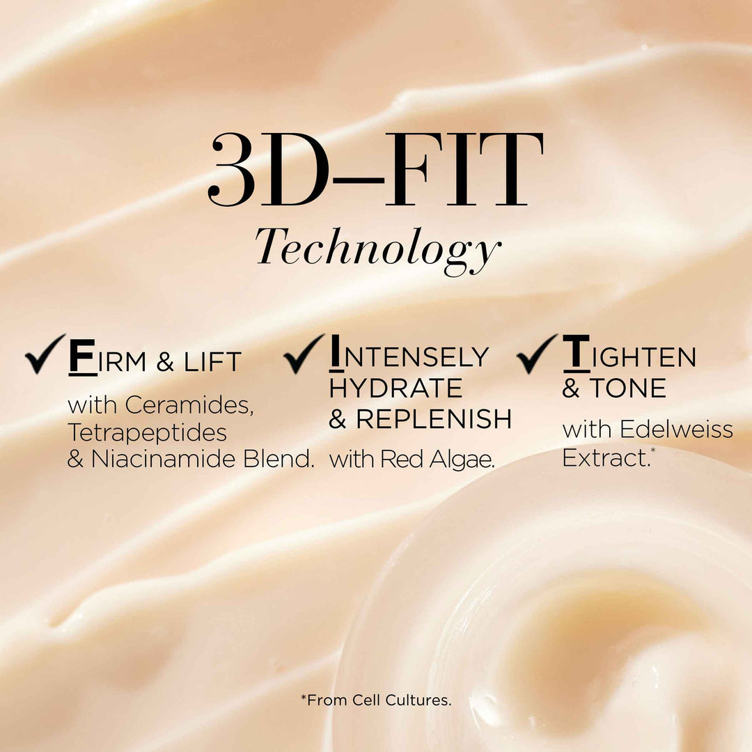 3D-Fit Technology- Firm and Lift with Ceramides, Tetrapeptides, and Niacinamide blend, Intensely Hydrate and replenish with red algae, and tighten and tone with edelweiss extract from cell cultures.