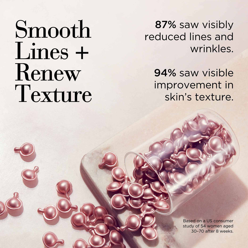 Smooth Lines and renew texture. 87% saw visibly reduced lines and wrinkles, 94% saw visible improvement in skin’s texture based on a US consumer study of 54 women aged 30-70 after 8 weeks.