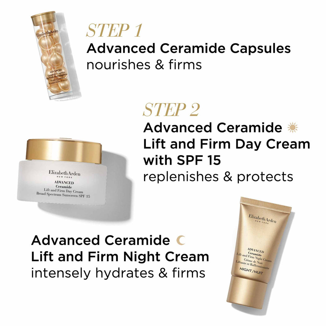 Step 1- Advanced Ceramide Capsules nourishes and firms. Step 2 Advanced Ceramide Lift and Firm Day Cream with SPF15 replenishes and protects during the day. During the night, Advanced Ceramide Lift and Firm Night Cream intensely hydrates and firms