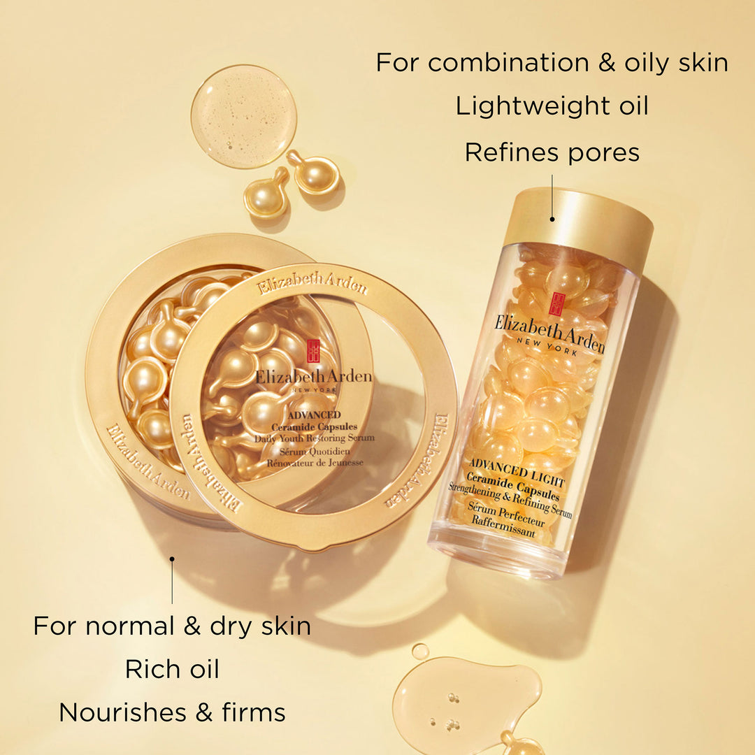 Advanced Ceramide is for normal and dry skin, rich oil and nourishes and firms. Advanced Light is for combination and oily skin, lightweight oil and refines pores
