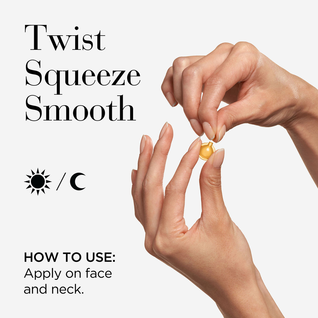 Twist, squeeze and smooth Day and night. Apply on face and neck