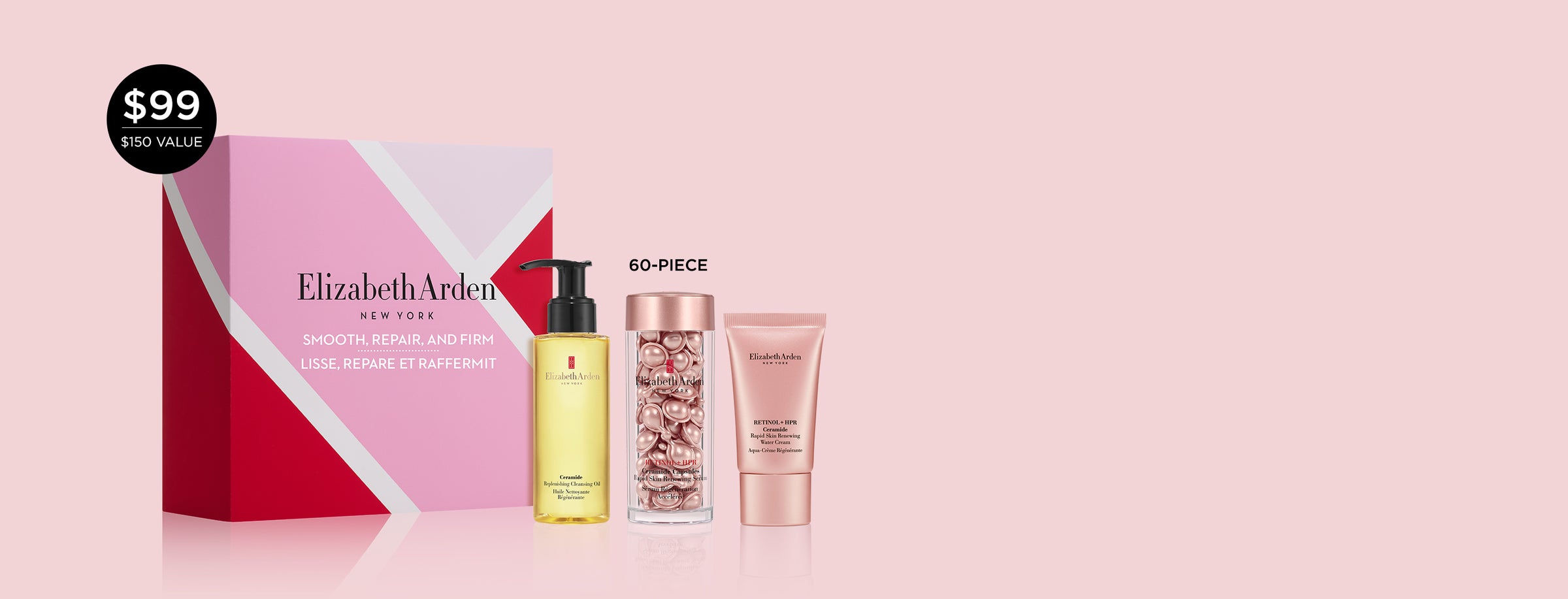 Elizabeth Arden beauty product set with a pink box on a light pink background. Callout for a 60-piece capsules with a callout for $99 price, compared to the $150 value. 