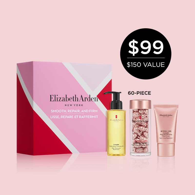 Elizabeth Arden beauty product set with a pink box on a light pink background. Callout for a 60-piece capsules with a callout for $99 price, compared to the $150 value. 